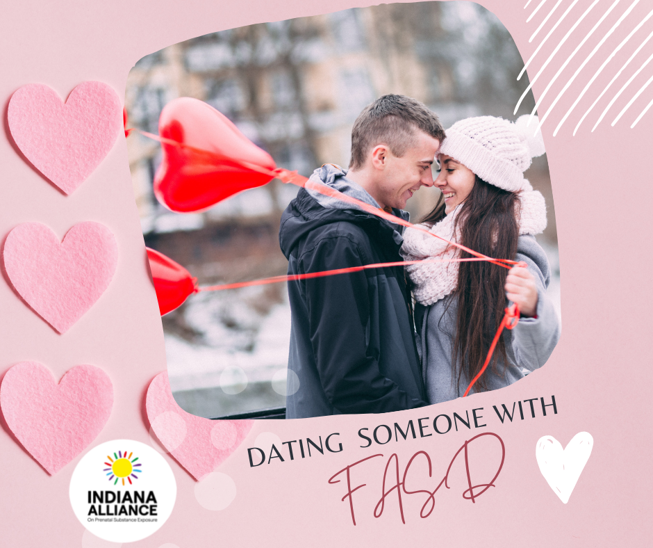 A couple embracing outside and the text Dating someone with FASD